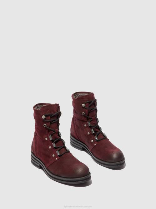 ankelboots med snörning knot792 kvinnor Fly London 2T02203 vin i oljemocka